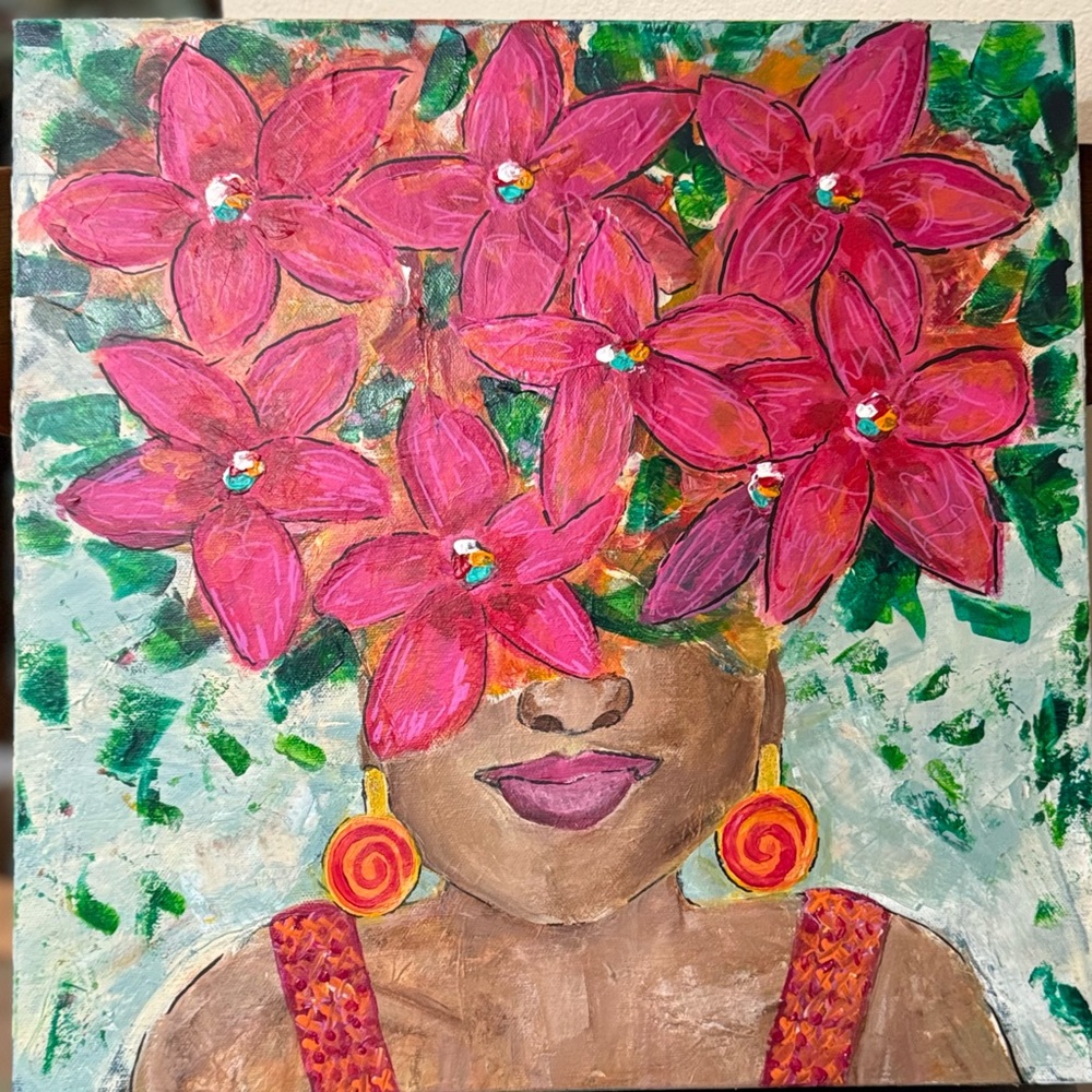 Flora- A Vibrant Floral Haired Lady Painting 16x16x1.5”